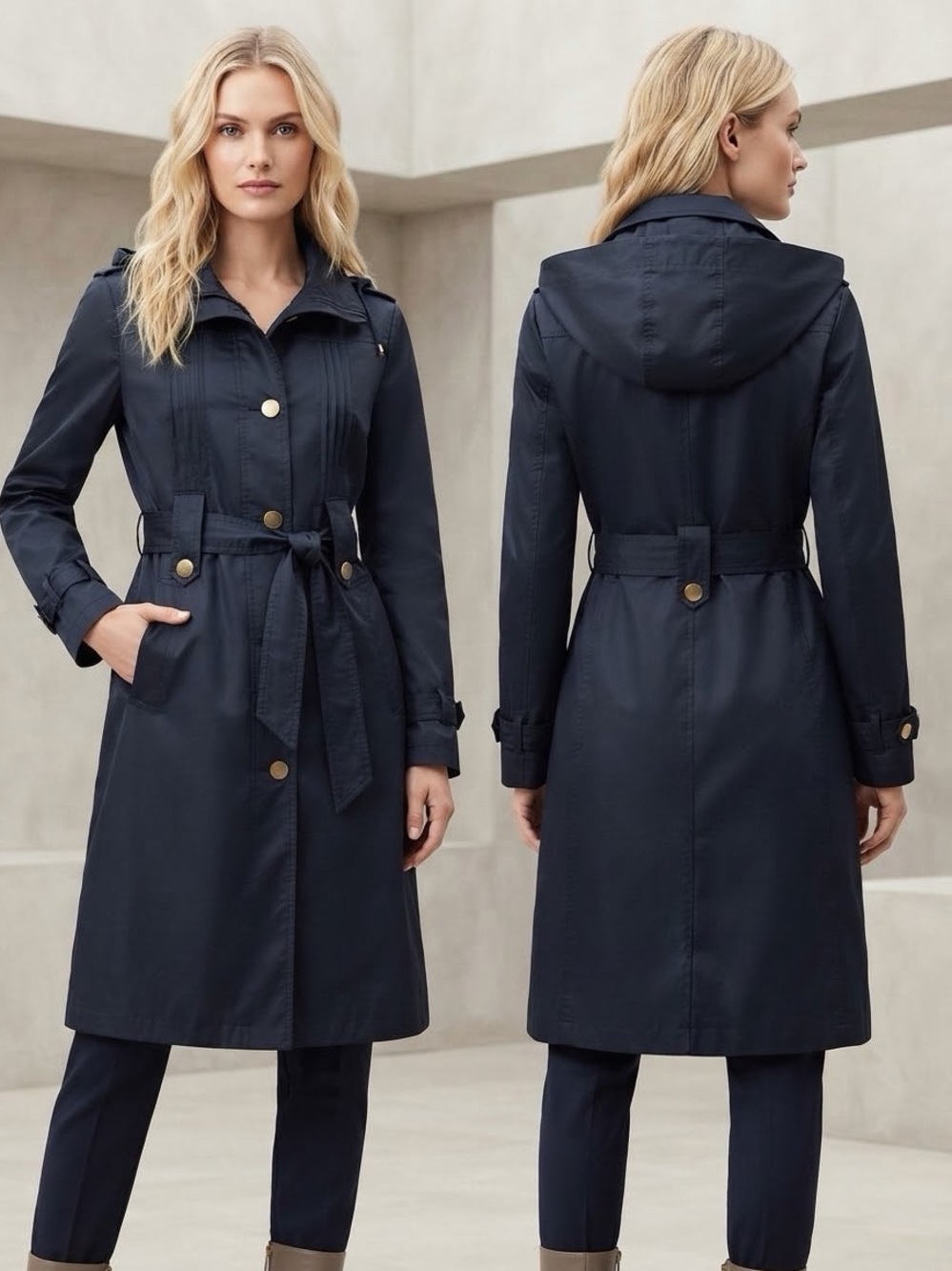 NWT WOMEN‎ TRENCH COAT REMOVABLE HOOD ZIPPED/BUTTONED CLOSURE LINED NAVY BELTED